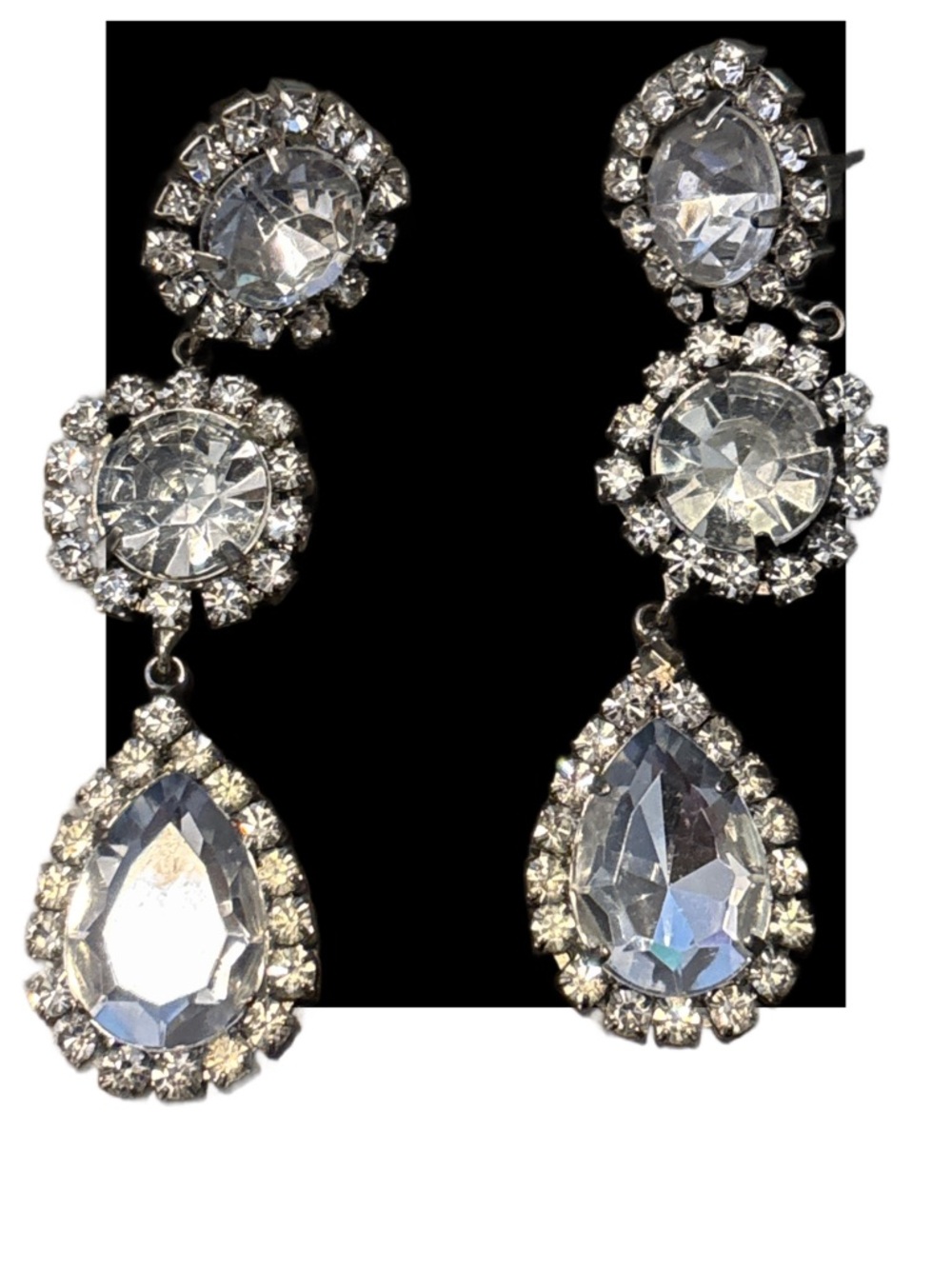 Vintage Crystal Teardrop Dangle Earrings - Clear